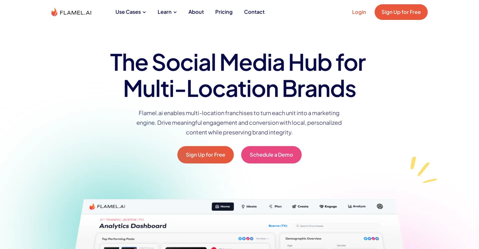 Flamel homepage screenshot — Turn each franchise into a local marketing engine.