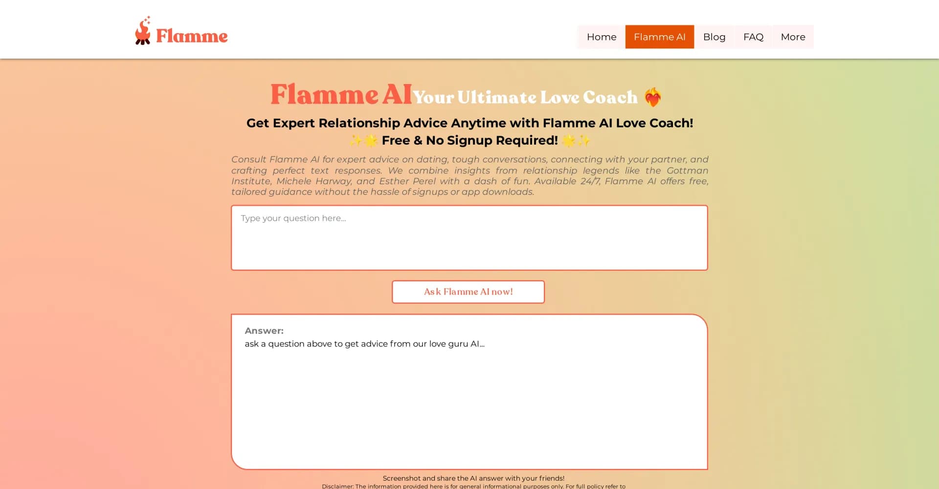 Flamme AI homepage screenshot — Your ultimate love coach, Flamme AI