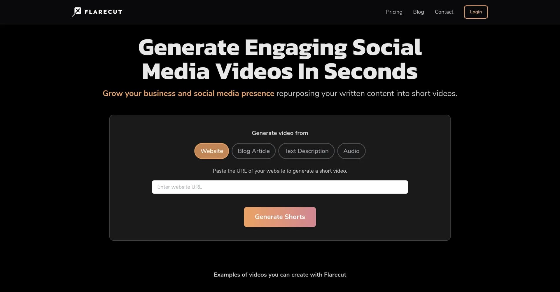 Flarecut homepage screenshot — Generate engaging social media videos in seconds