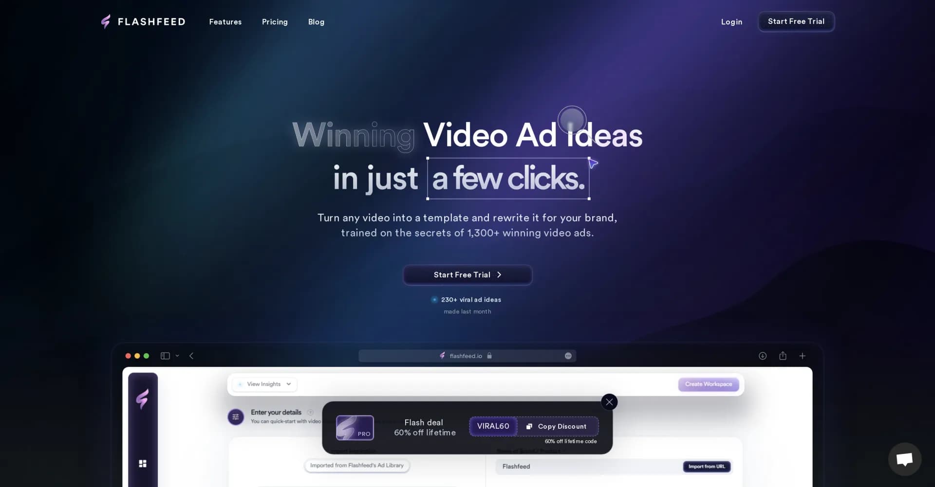 Flashfeed homepage screenshot — Create viral brand videos in a few clicks