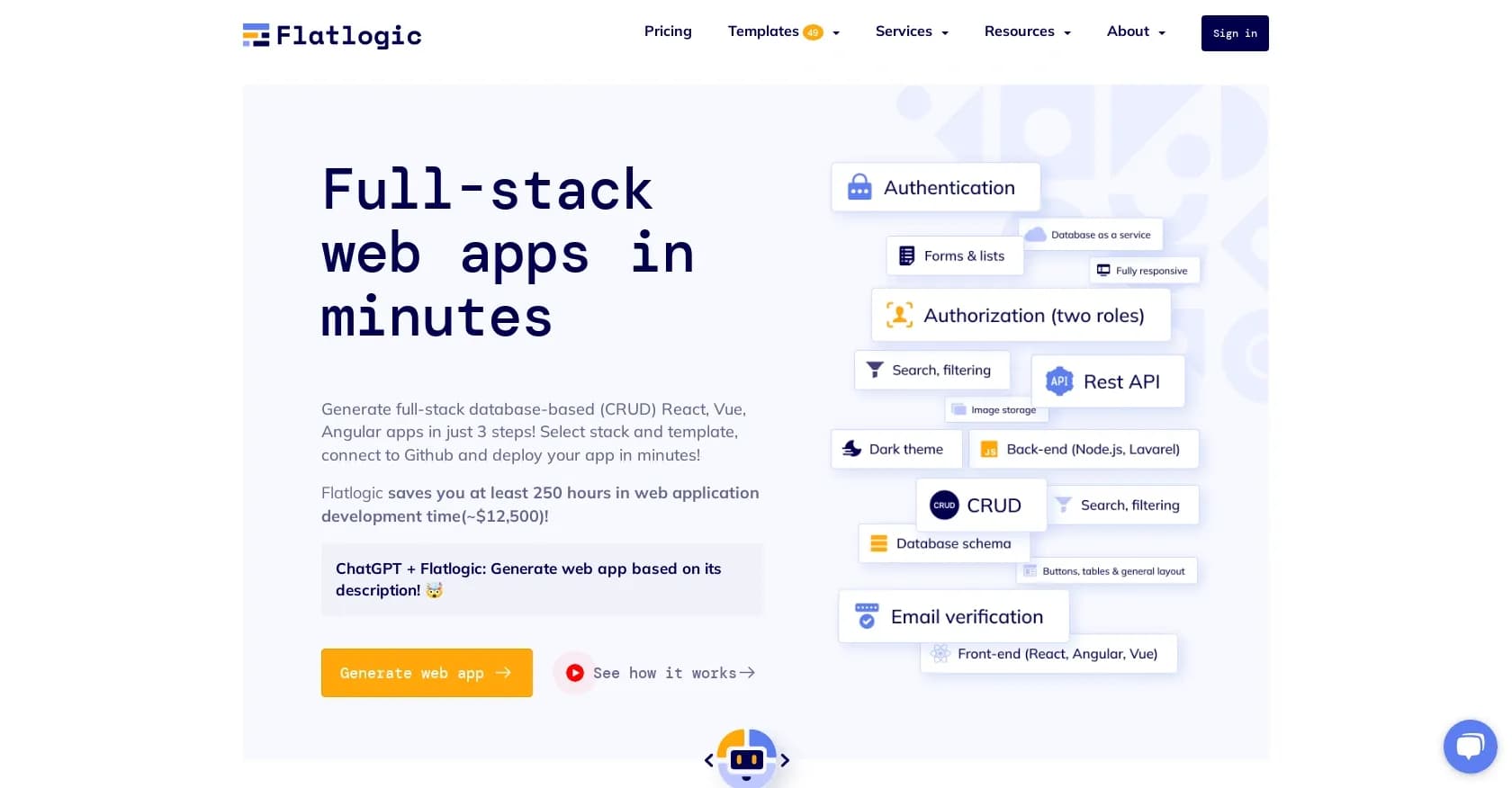 Flatlogic homepage screenshot — Create full-stack web apps in 3 easy steps.