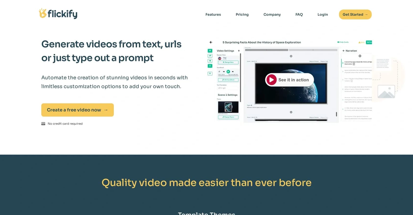 Flickify homepage screenshot — Turn articles into amazing videos instantly.
