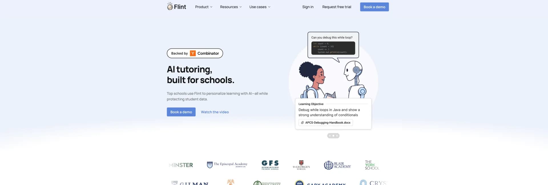 Flint homepage screenshot — AI-powered classroom content creation in seconds.