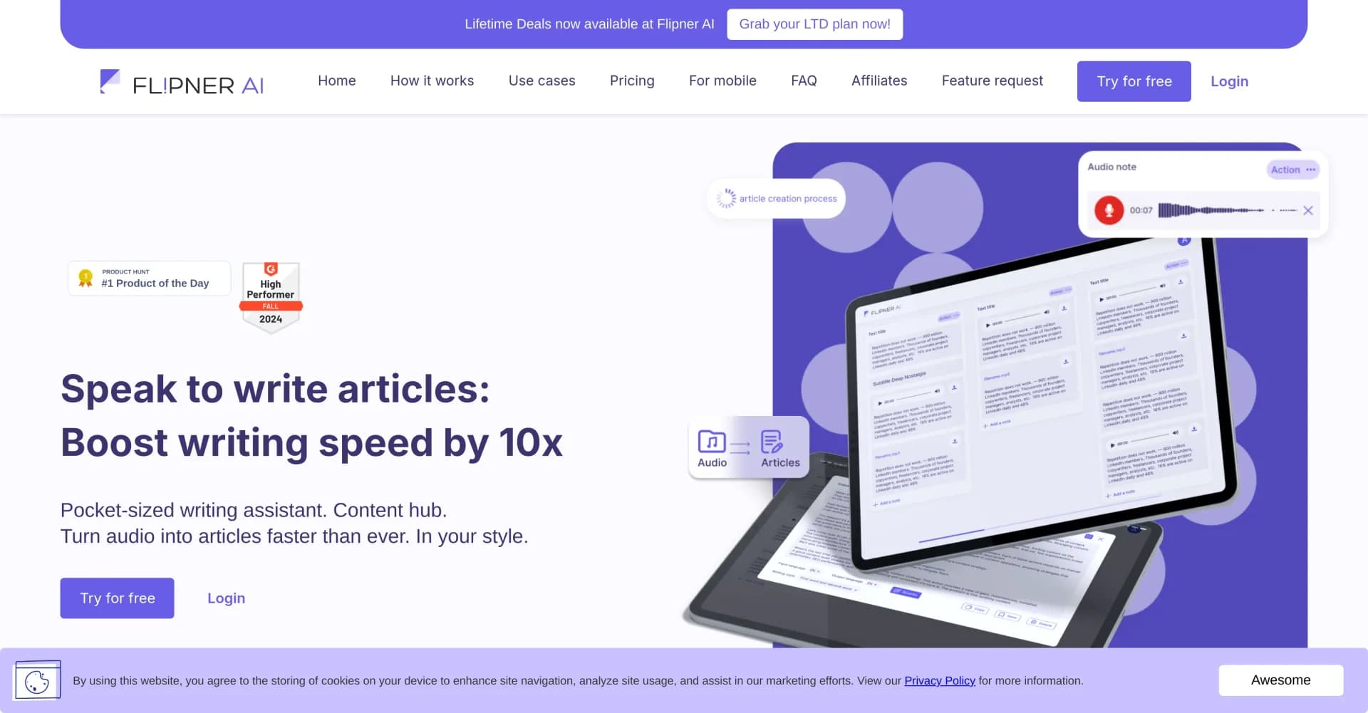 Flipner AI homepage screenshot — Write articles 10x faster using voice-to-text.