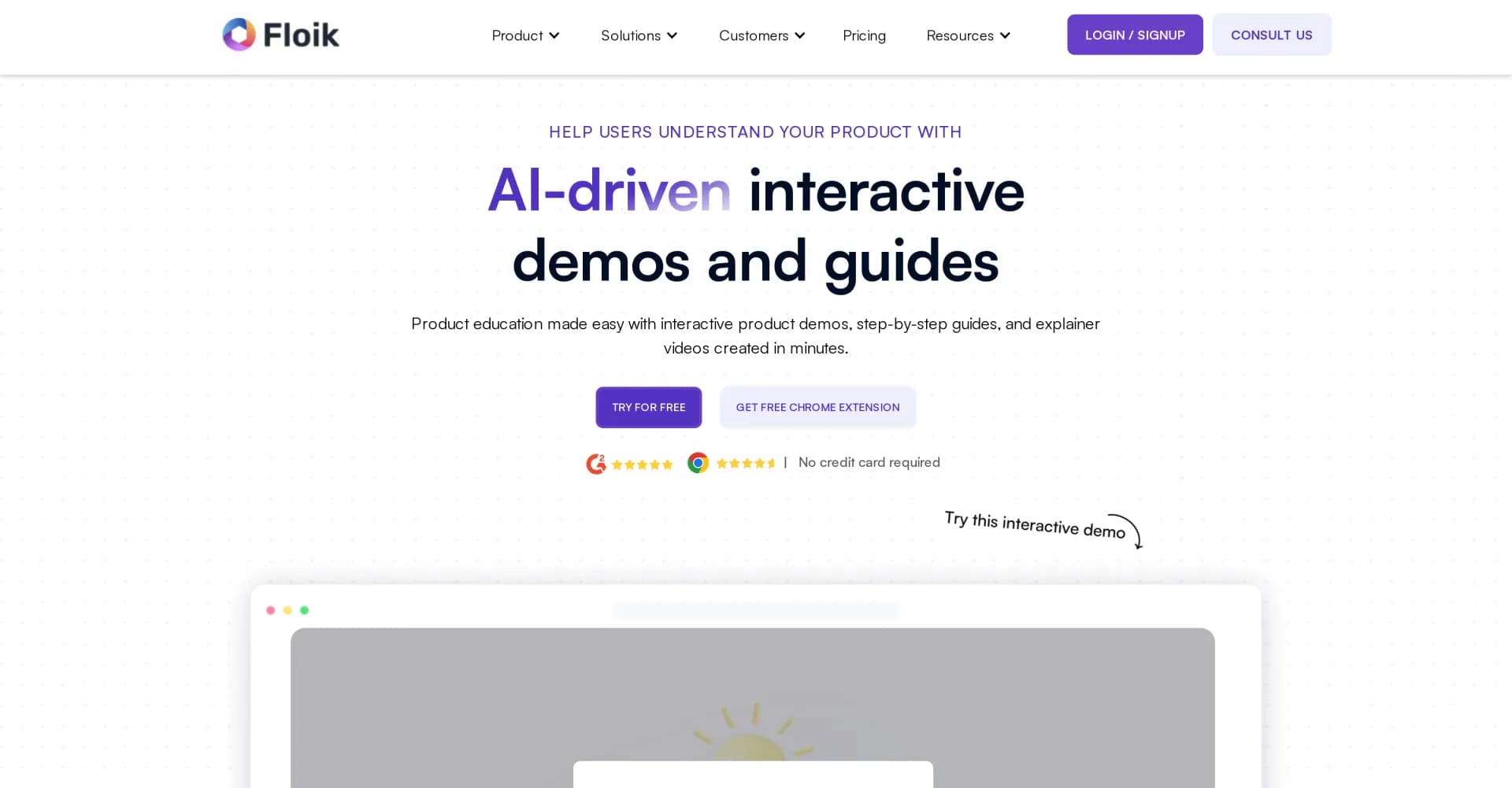 Floik homepage screenshot — Create interactive demos, videos, and guides in one platform