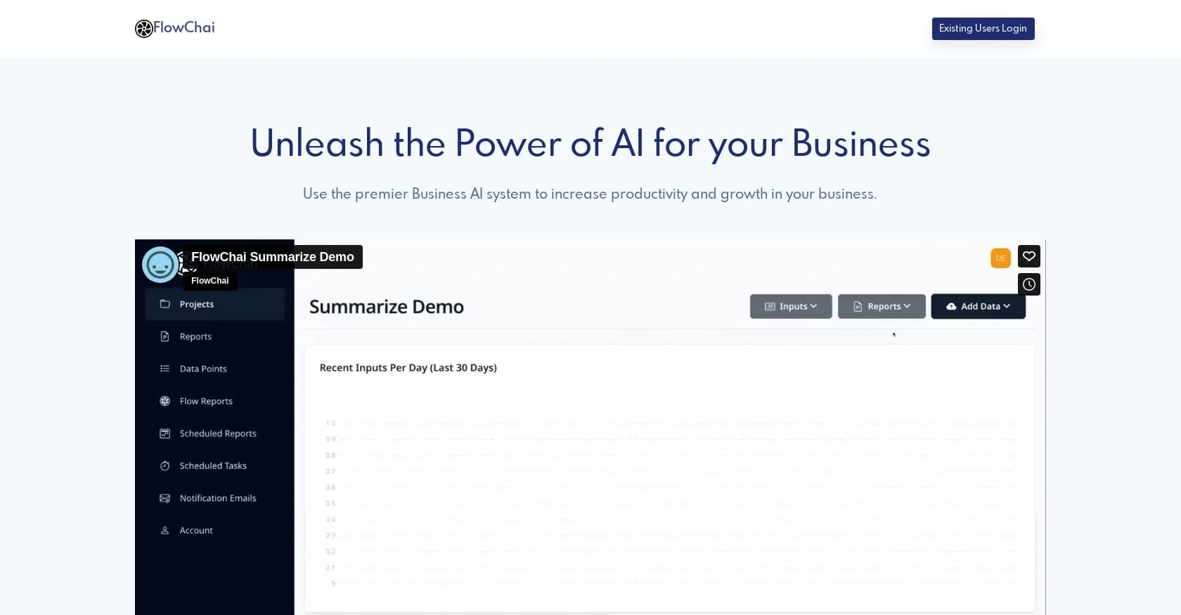 FlowChai homepage screenshot — Unleash AI Power For Your Business
