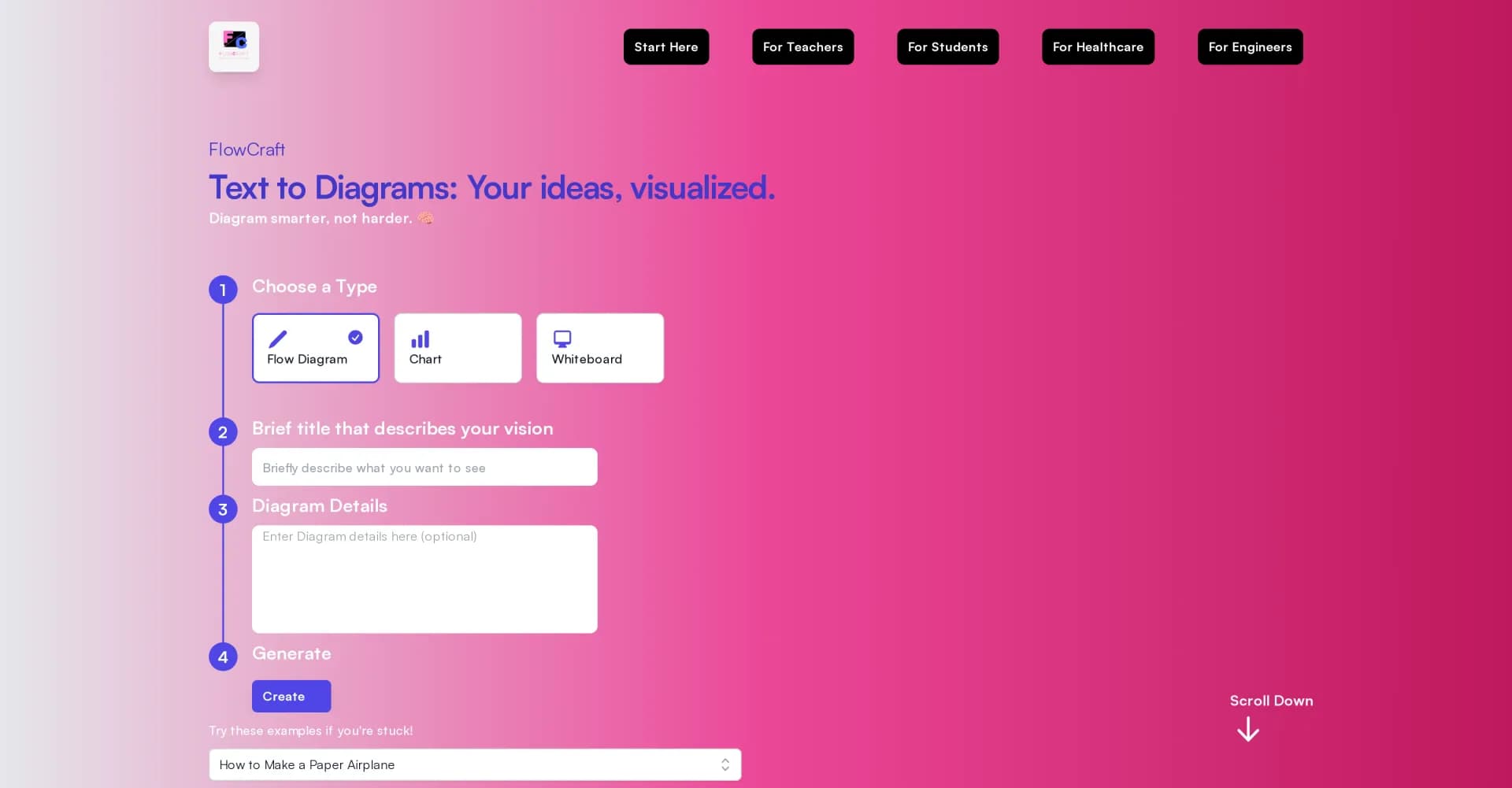 FlowCraft homepage screenshot — Generate diagrams with a click