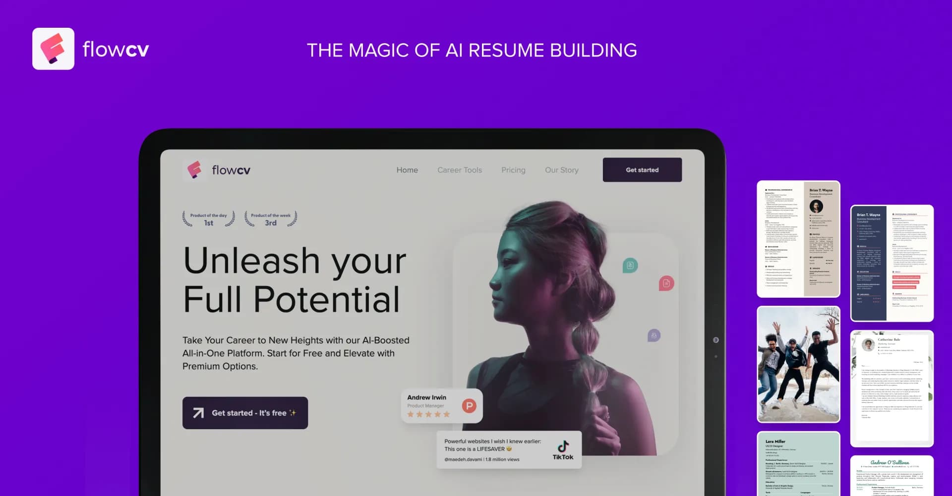 FlowCV homepage screenshot — Unleash your dream career with stunning resumes and tools.