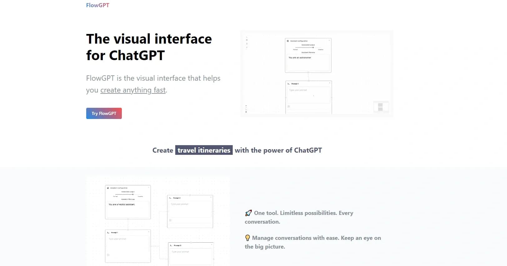 FlowGPT homepage screenshot — Visualize ChatGPT conversations on a canvas board.