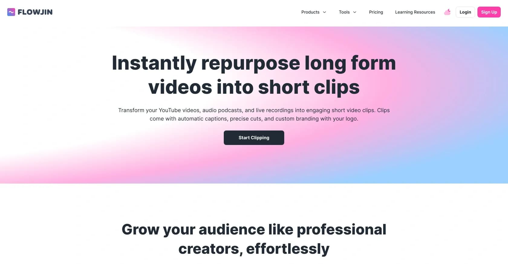 Flowjin homepage screenshot — AI-powered video clipping: Long to short in minutes.