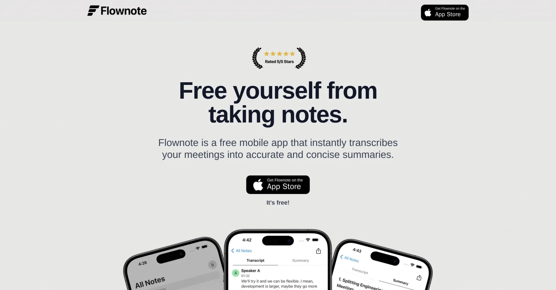 Flownote homepage screenshot — Effortlessly turn meeting audio into concise summaries.
