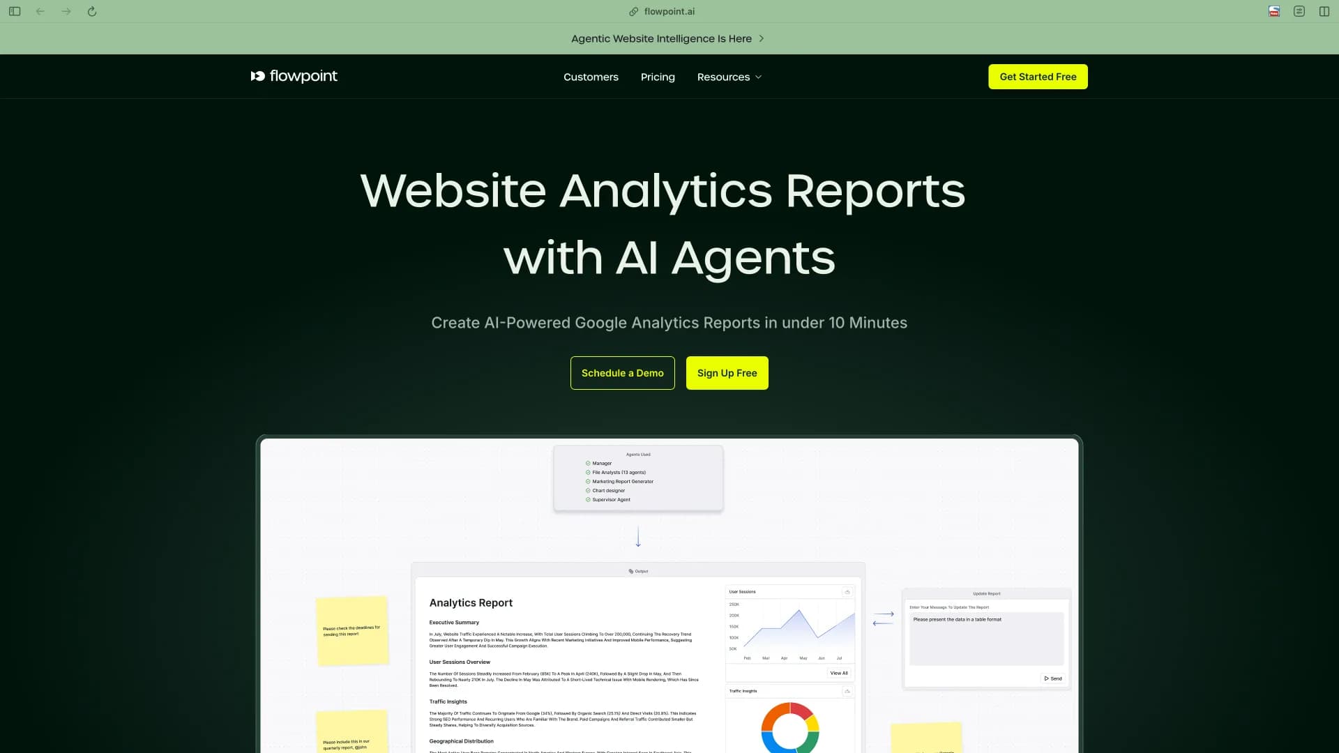Flowpoint homepage screenshot — Website Analytics Reports with AI Agents