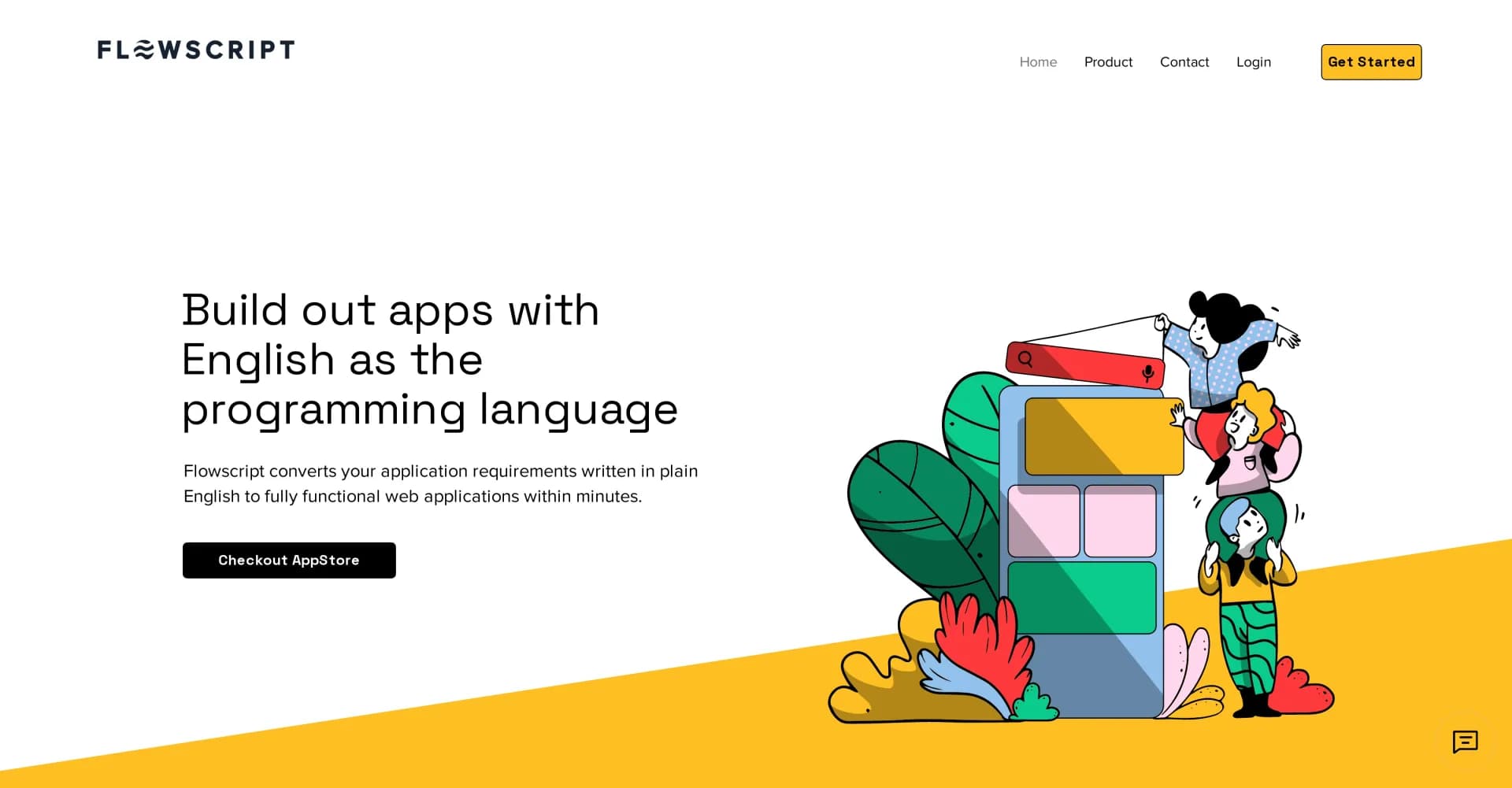 Flowscript homepage screenshot — Build apps with English as the programming language.