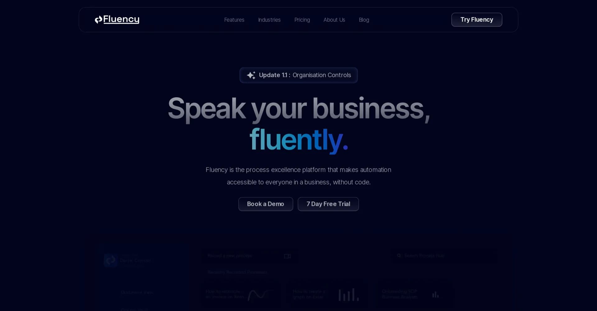 Fluency.com homepage screenshot — Automate business processes without code.