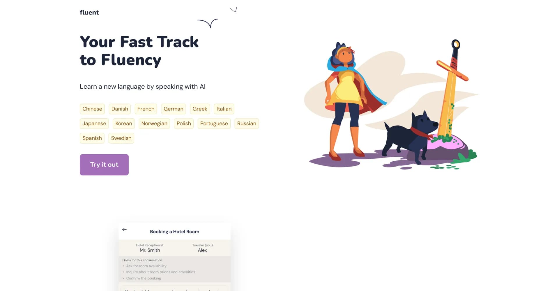 Fluent homepage screenshot — Learn a new language by speaking with AI