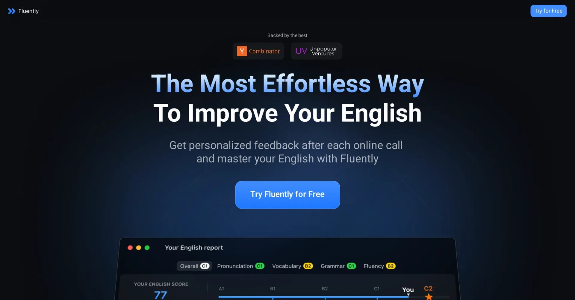Fluently homepage screenshot — AI-powered speaking coach for effortless English improvement