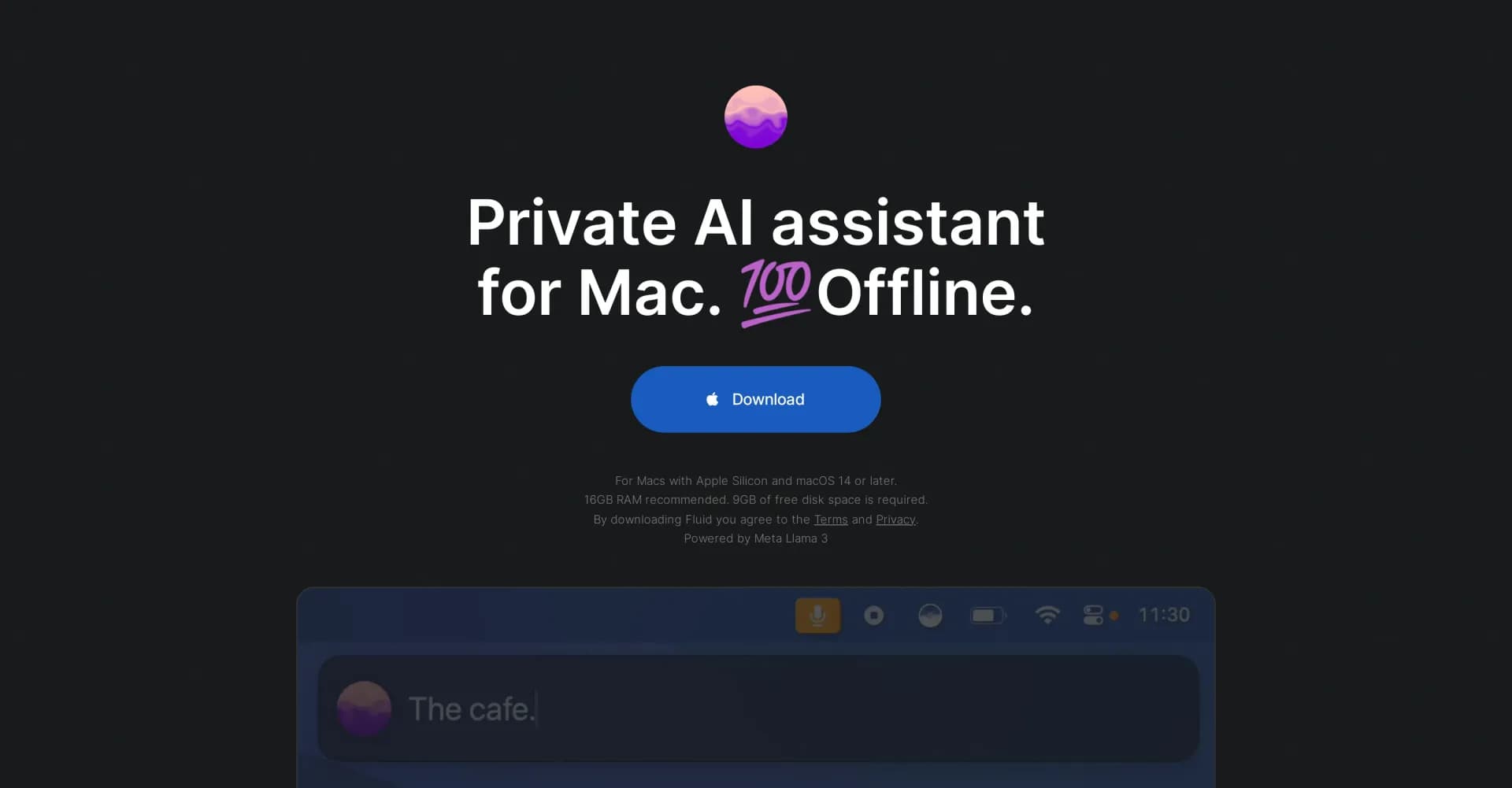 Fluid homepage screenshot — Private AI assistant for Mac, 100% offline.