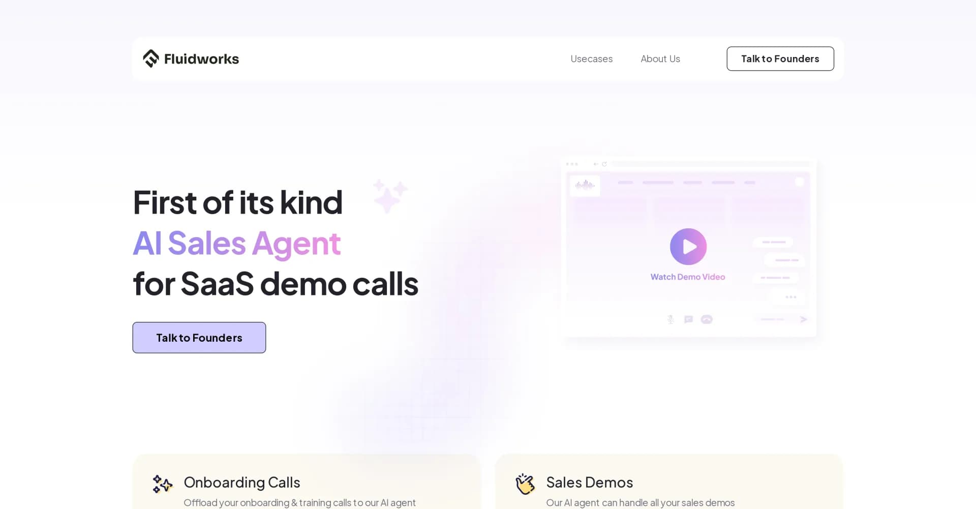 Fluidworks homepage screenshot — Hire AI agents for live video sales calls