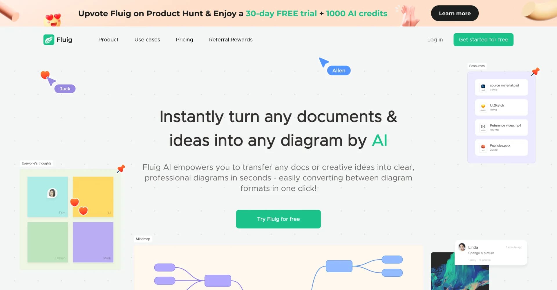 Fluig AIv1.1.0 homepage screenshot — Visual expression artifact. Turn docs and ideas into instant