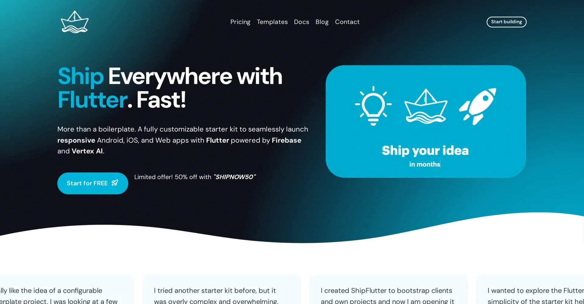 Flutter homepage screenshot — Launch responsive apps with Flutter, Firebase, and AI.