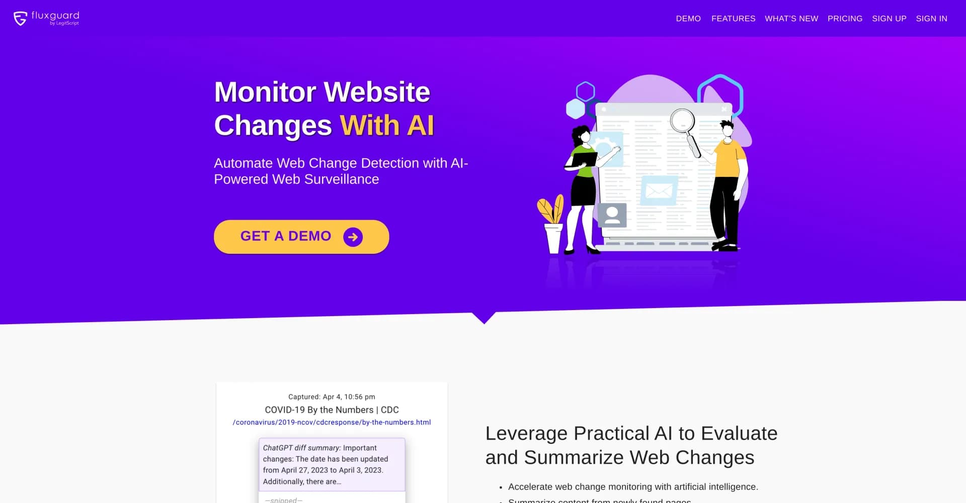 Fluxguard homepage screenshot — AI-powered web surveillance for critical changes.