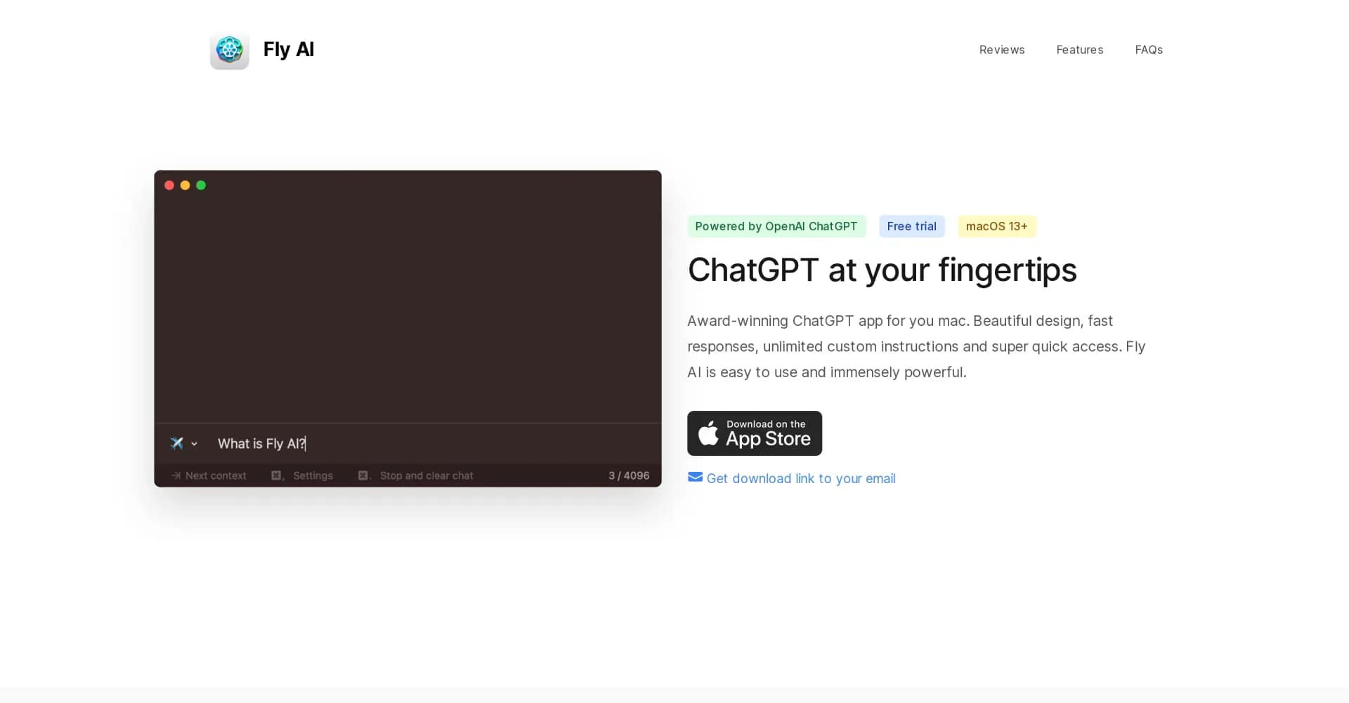 Fly AI homepage screenshot — ChatGPT for Mac: AI at your fingertips