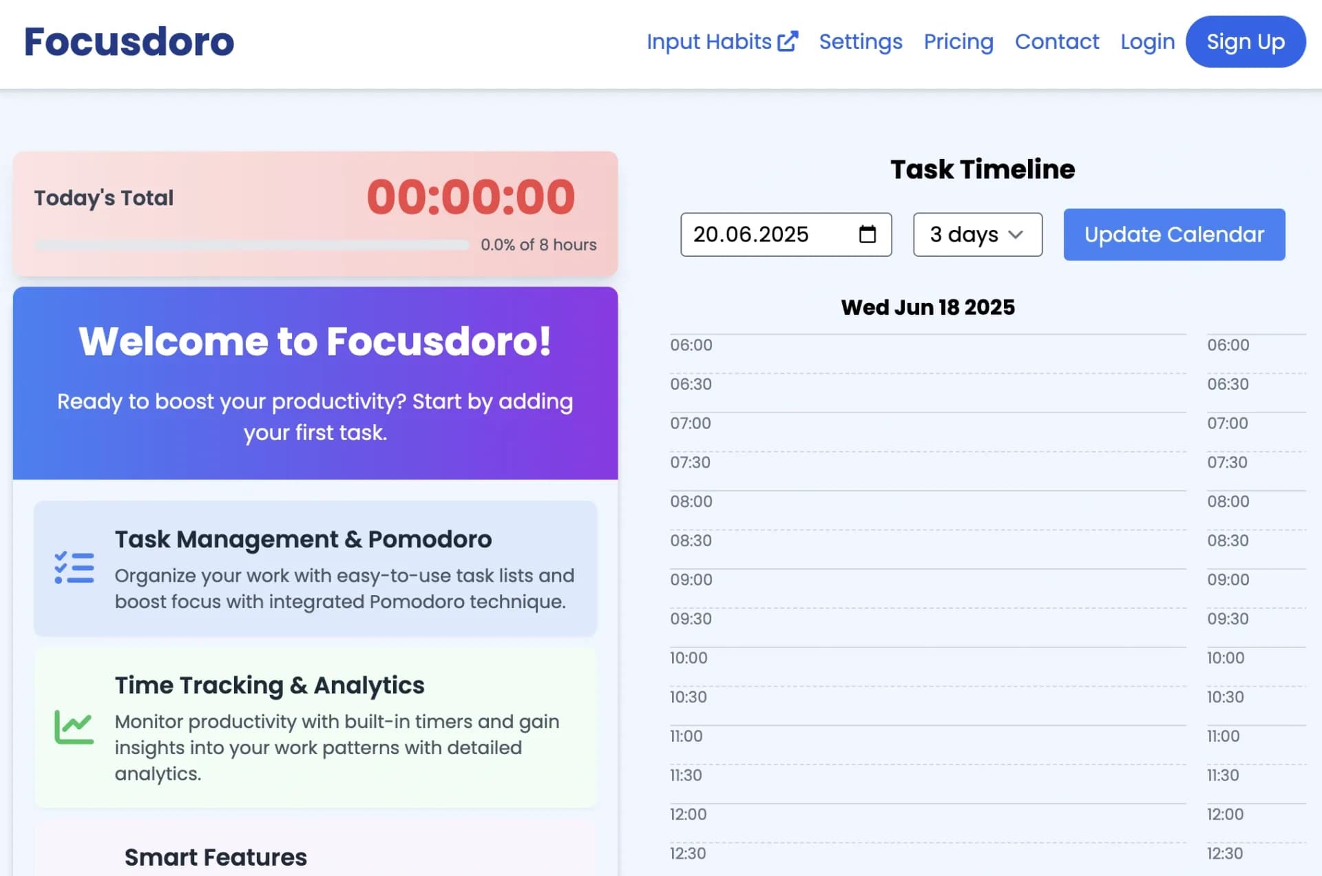 Focusdoro homepage screenshot — AI-powered task management with focused timing