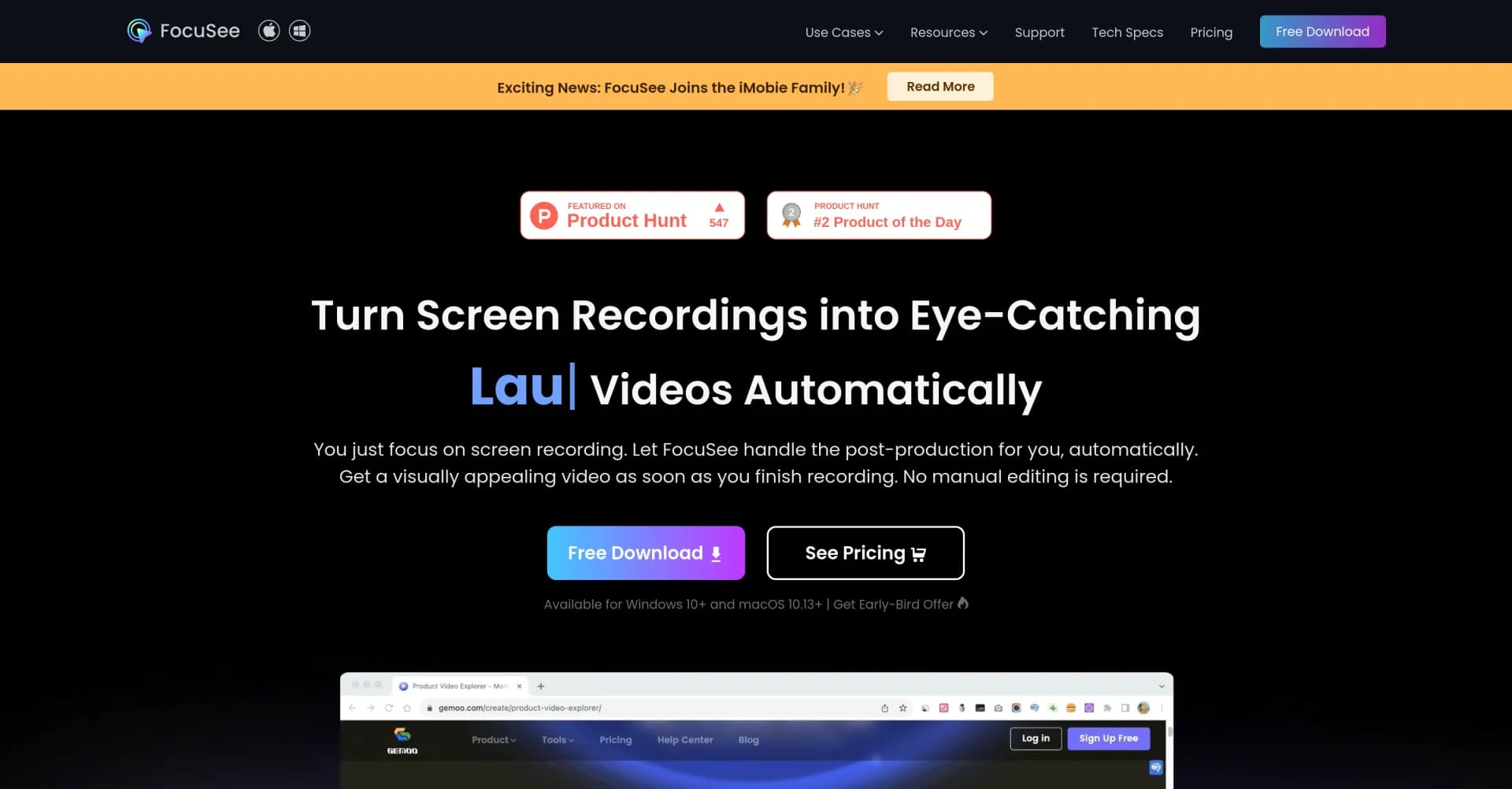 FocuSee homepage screenshot — Auto-polish screen recordings with smart zoom effects.