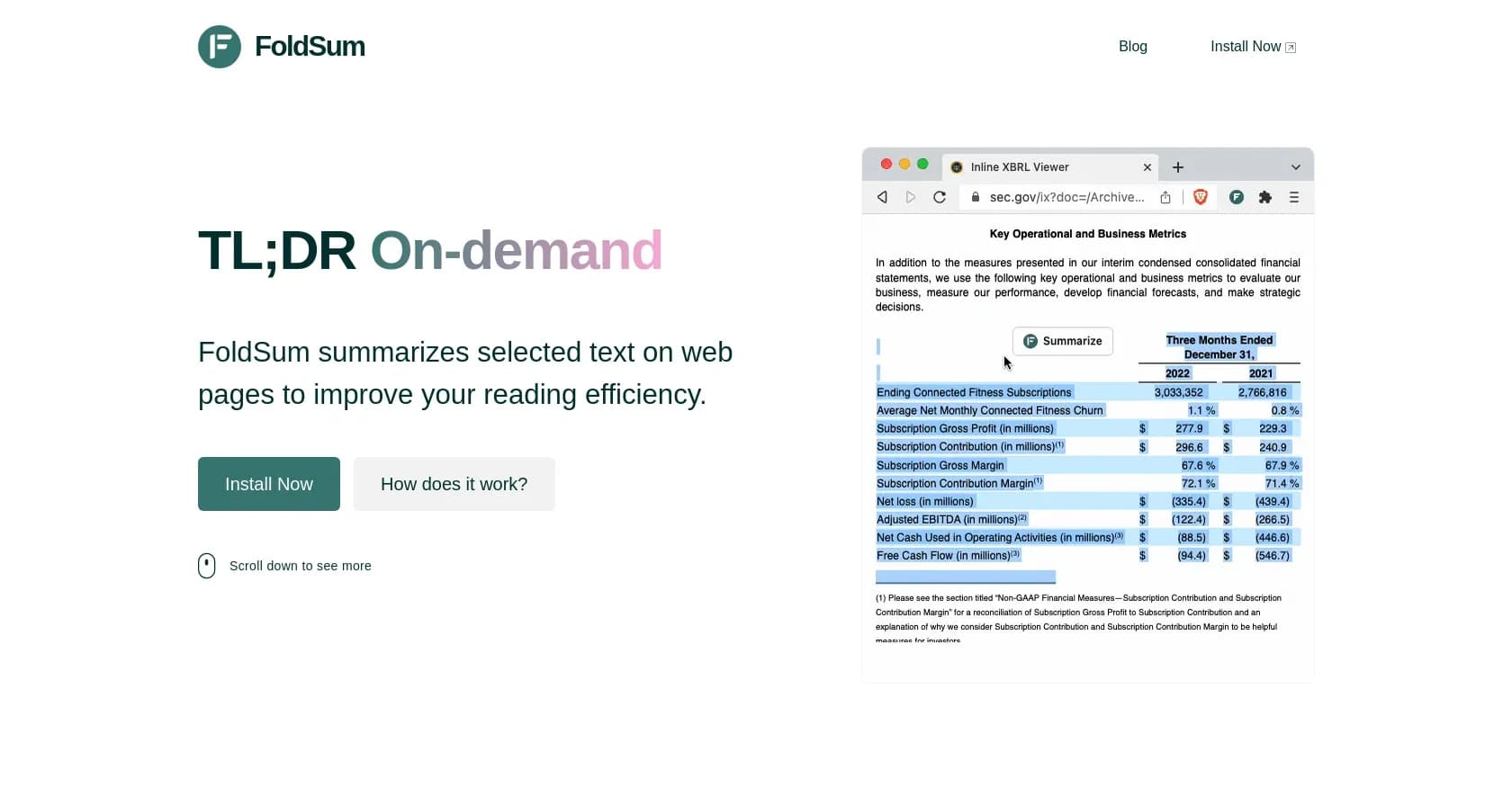 FoldSum homepage screenshot — Summarize web text on-demand with ChatGPT.