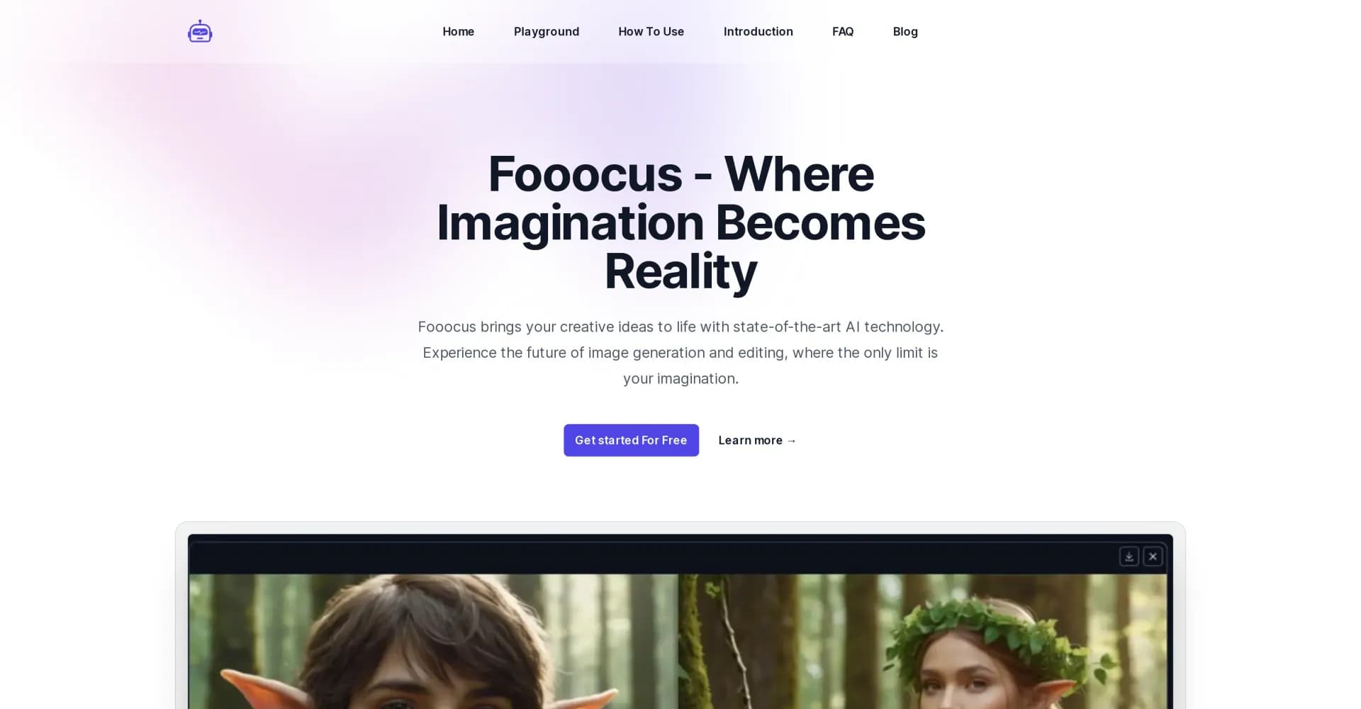 Fooocus homepage screenshot — Turn creative ideas into breathtaking images effortlessly.