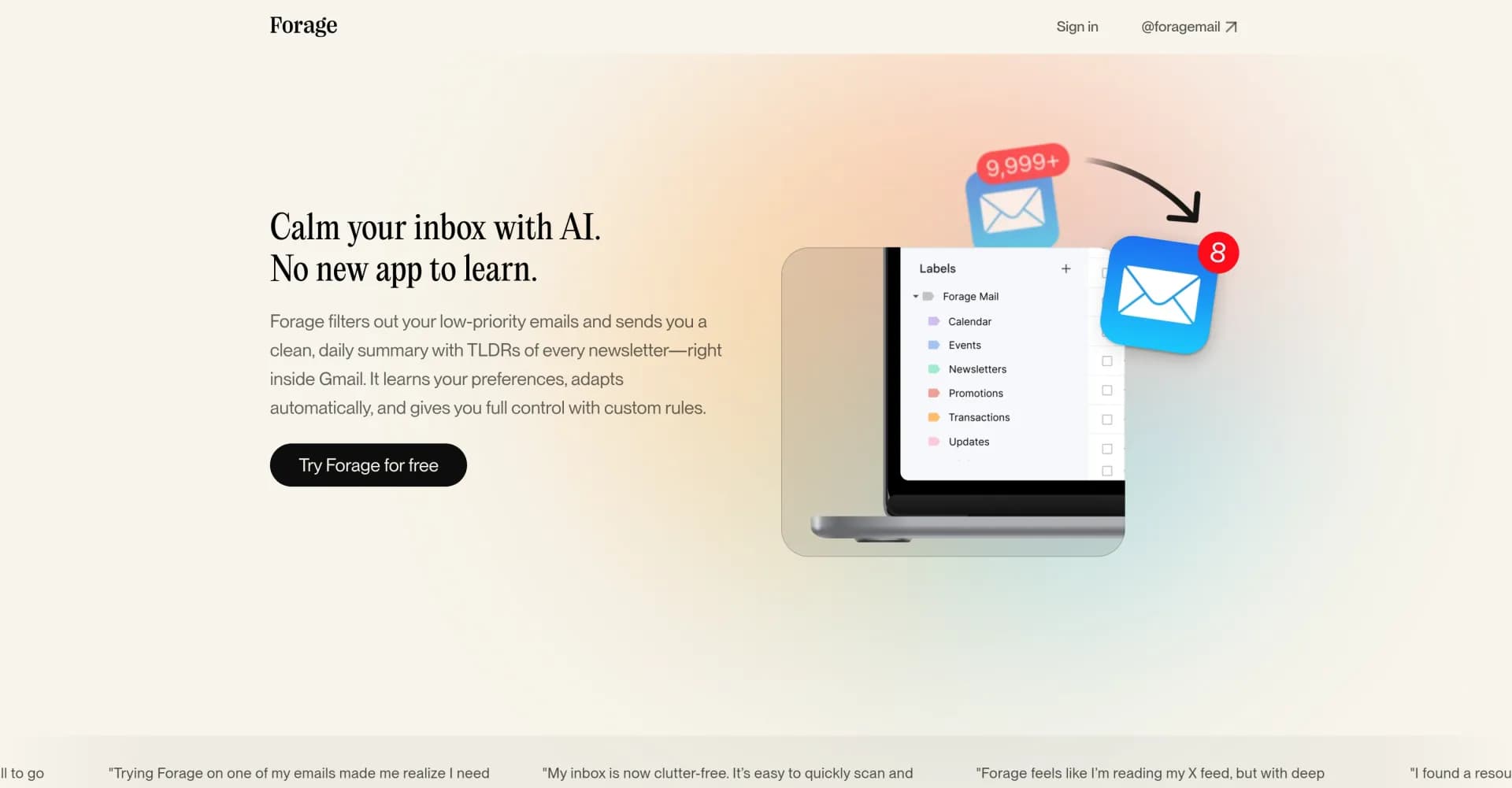 Forage Mail homepage screenshot — AI that solves email overwhelm. Not another mail app.