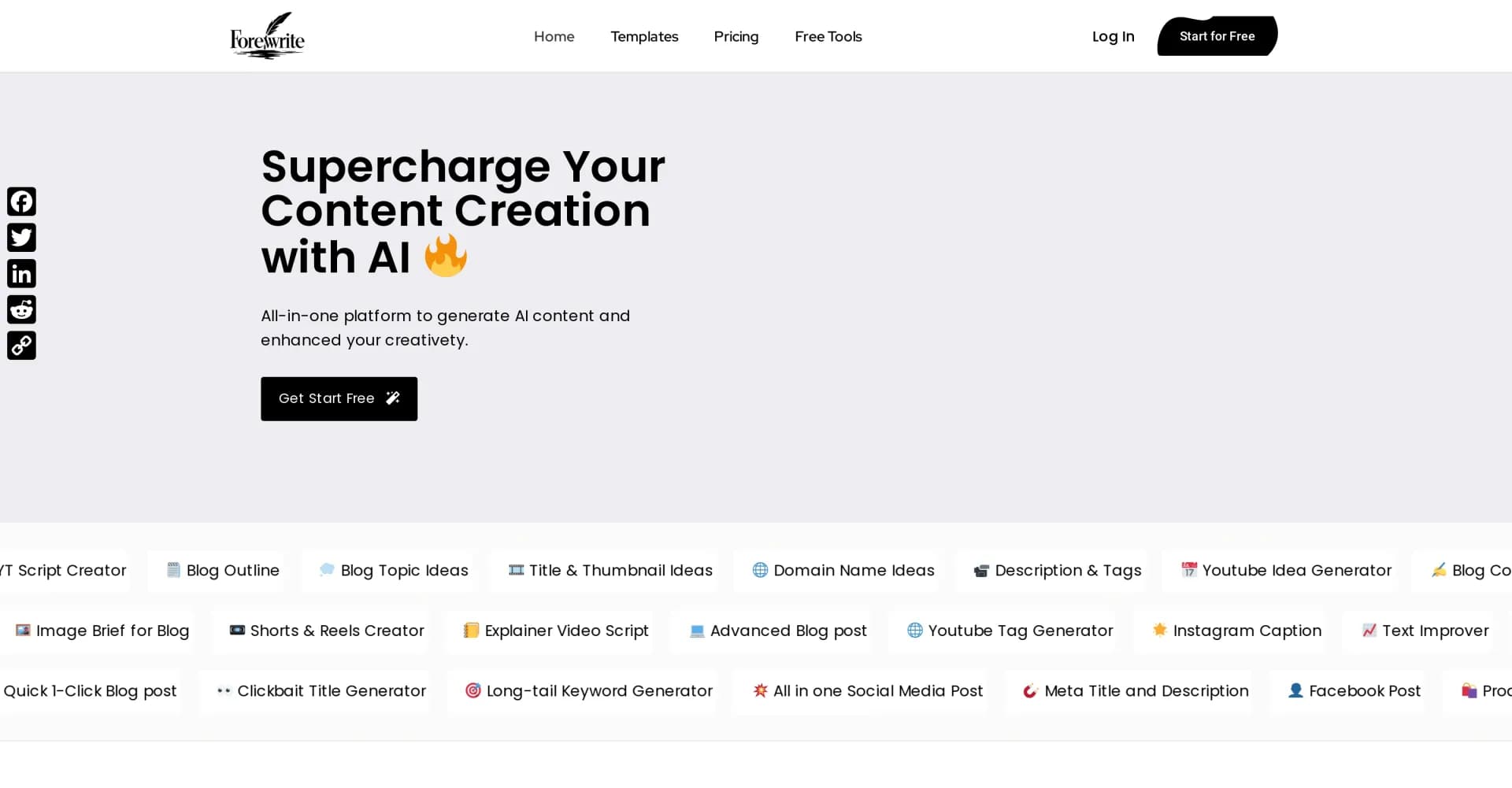 Forewrite homepage screenshot — Generate high-quality content in seconds with AI.