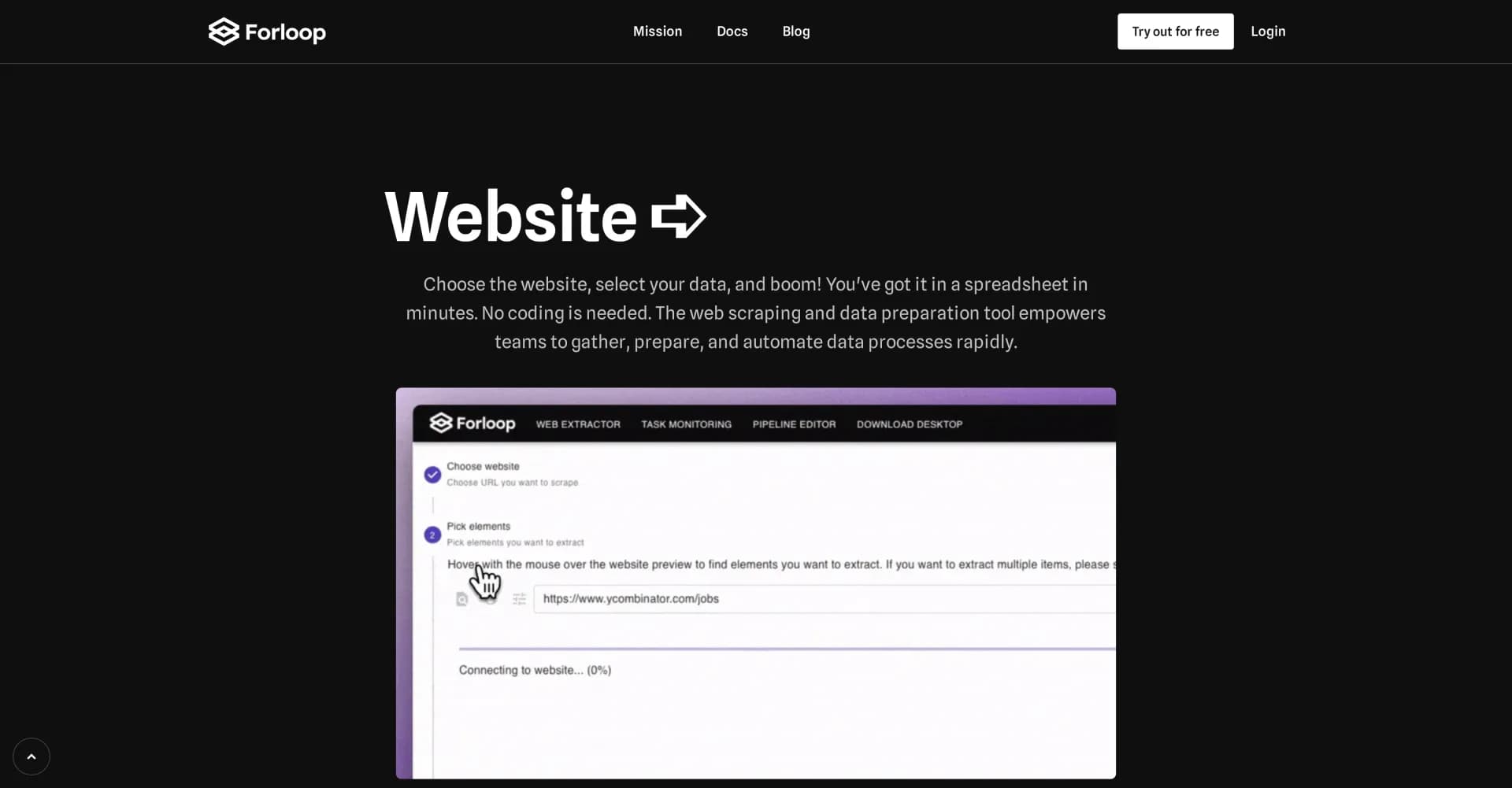 Forloop homepage screenshot — No-code web scraping and data automation platform