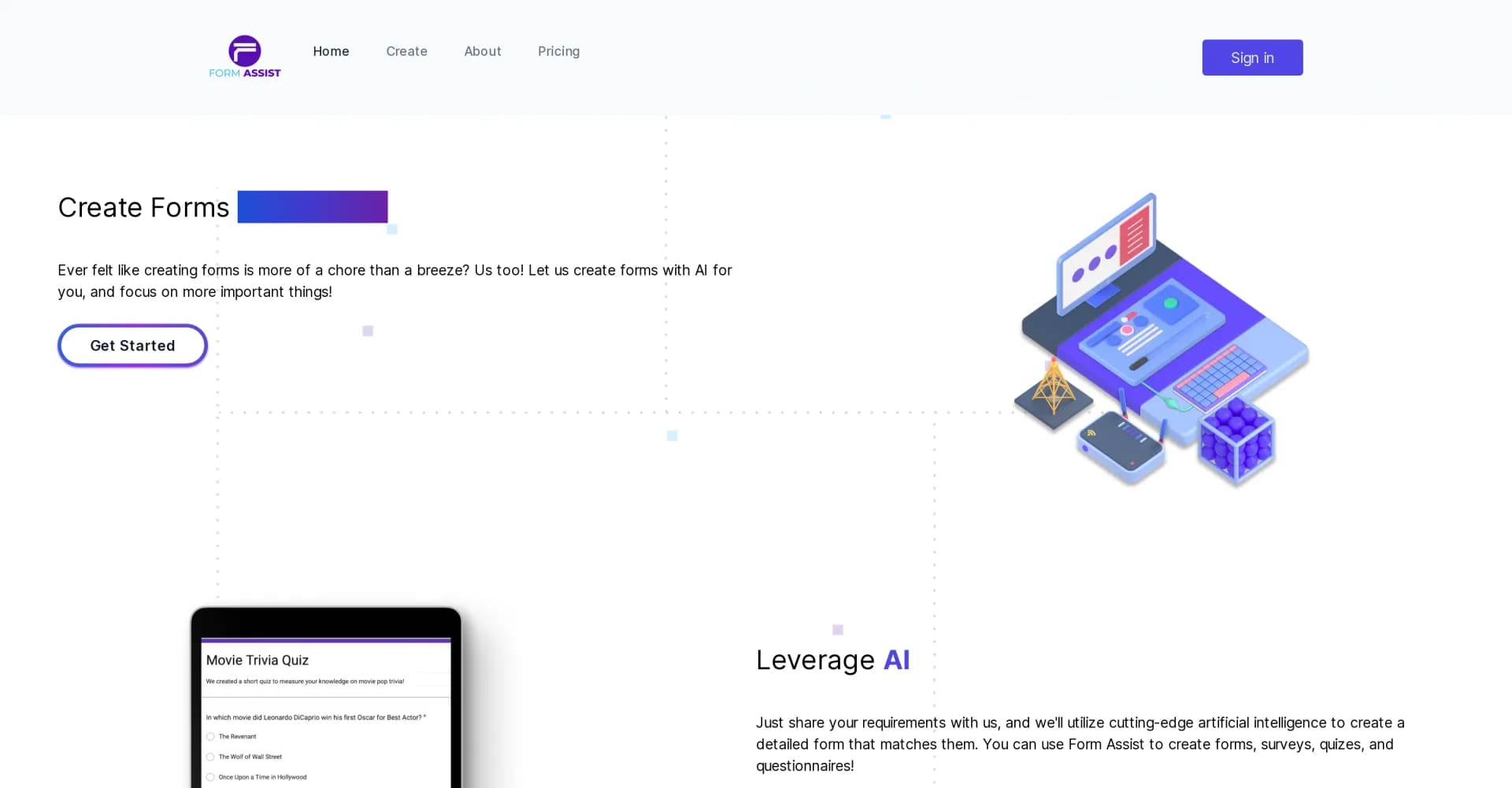 Form Assist homepage screenshot — Create forms fast with AI