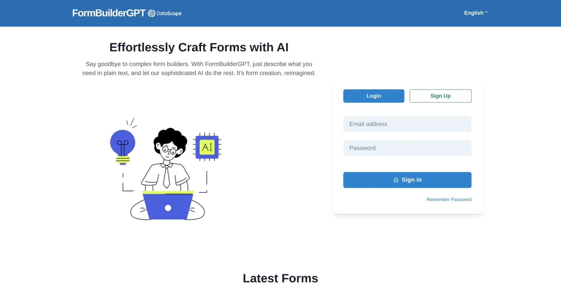 FormBuilderGPT homepage screenshot — Build forms intelligently with AI