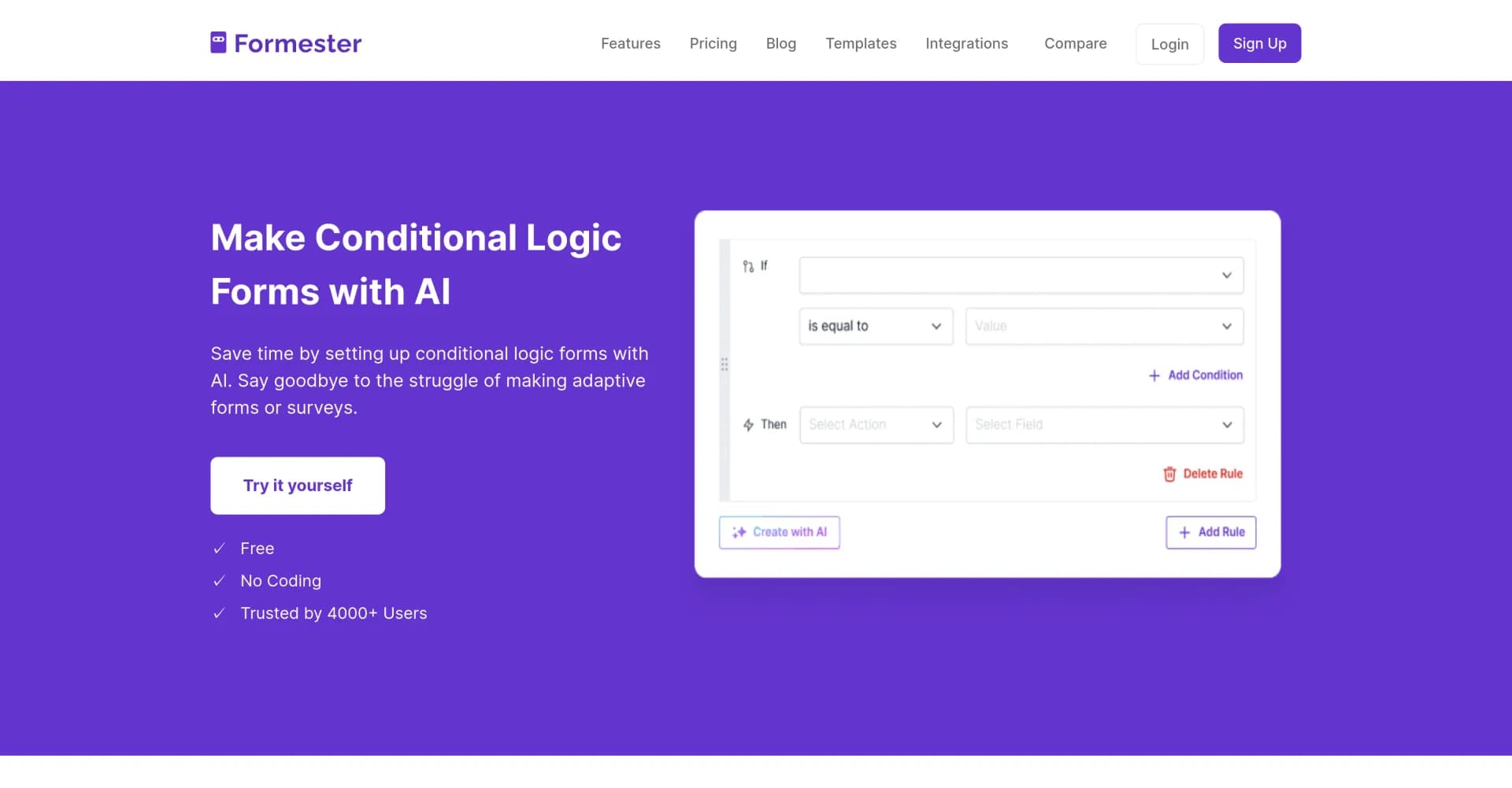 Formester homepage screenshot — Create smart forms with AI-powered conditional logic.
