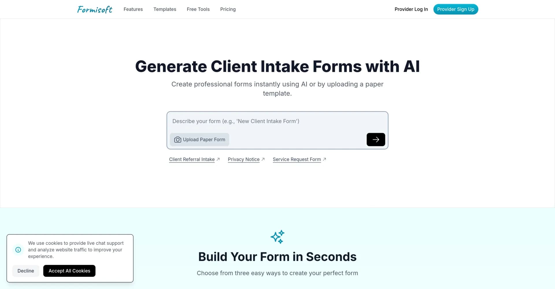 Formisoft homepage screenshot — Create professional intake forms instantly with AI.