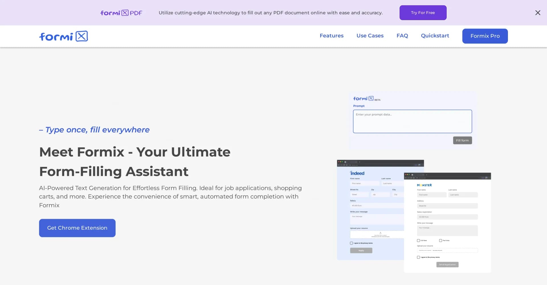 Formix PDF homepage screenshot — Transform PDFs into editable forms instantly