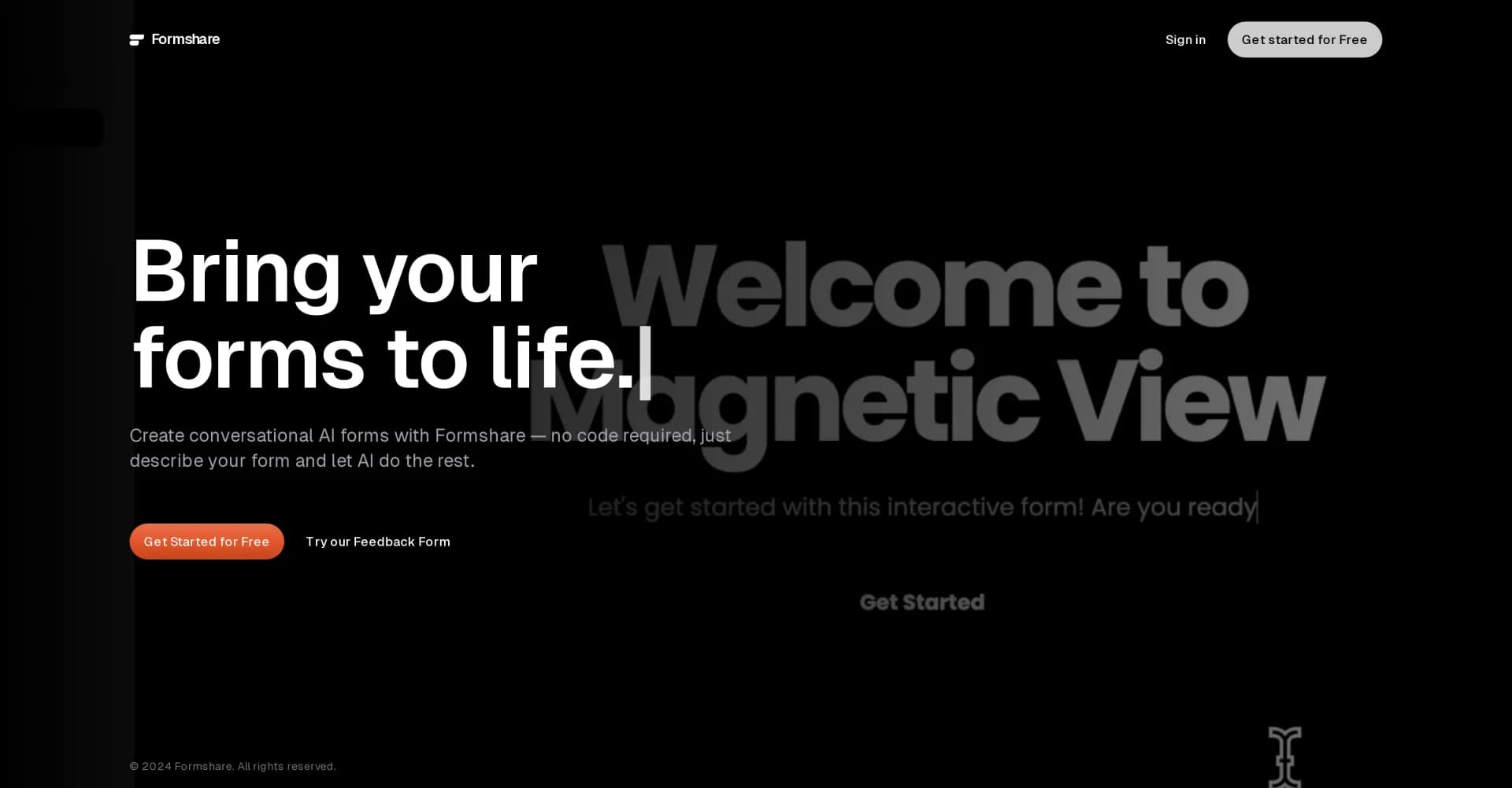 Formshare homepage screenshot — Create AI-powered conversational forms instantly.