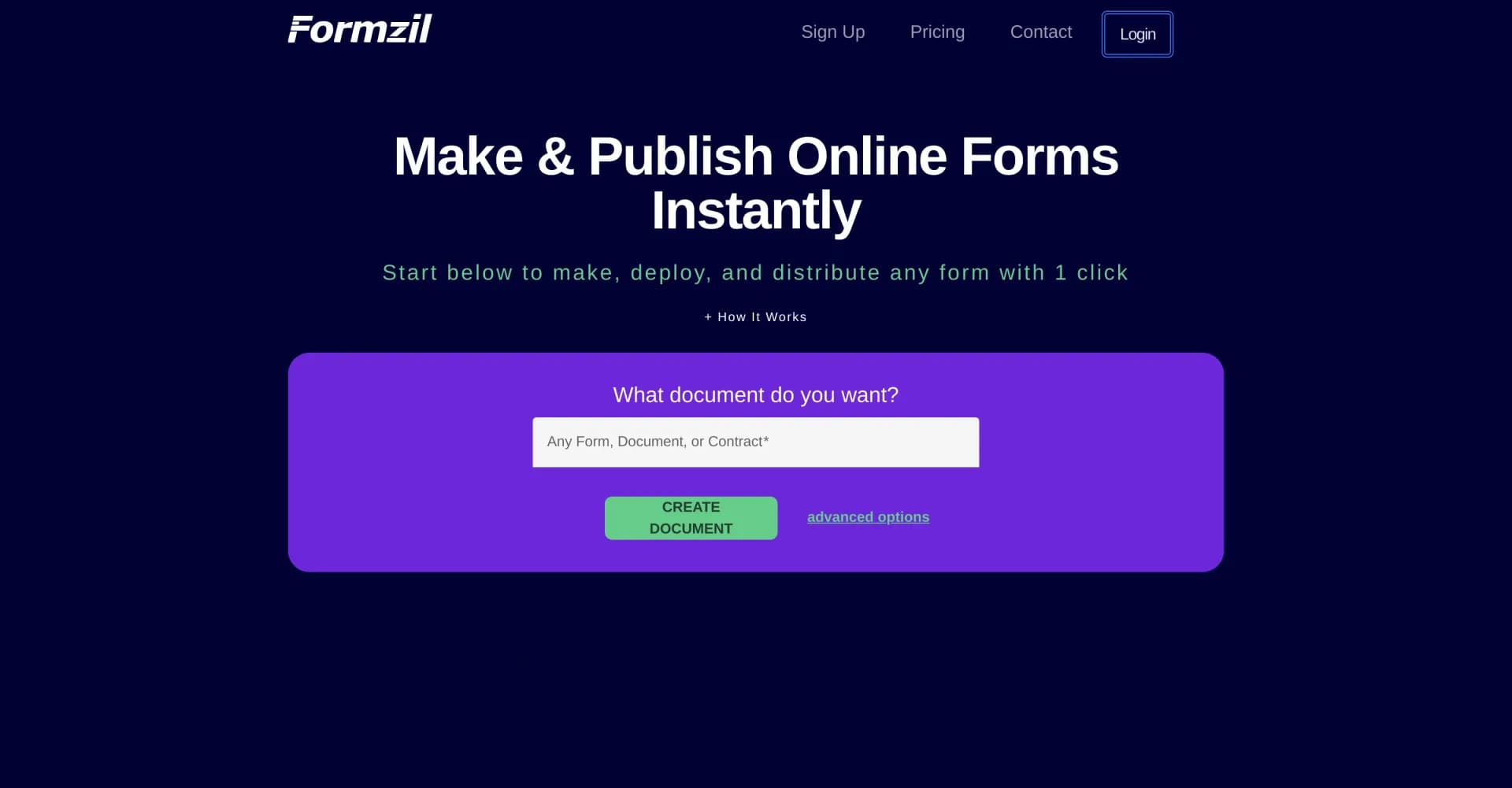 Formzil homepage screenshot — Instantly create and publish online forms