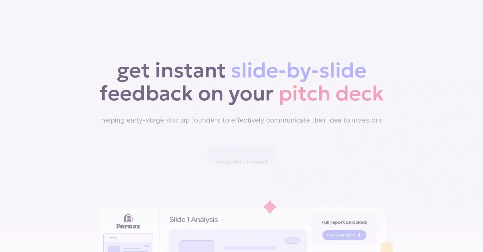 Fornax homepage screenshot — Instant pitch deck feedback for startup founders.
