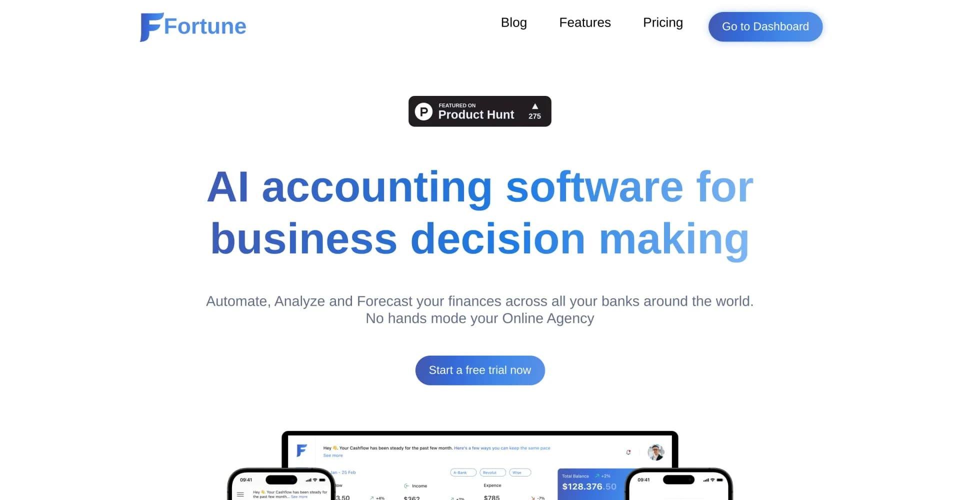 Fortune App homepage screenshot — AI accounting: automate, analyze, and forecast finances