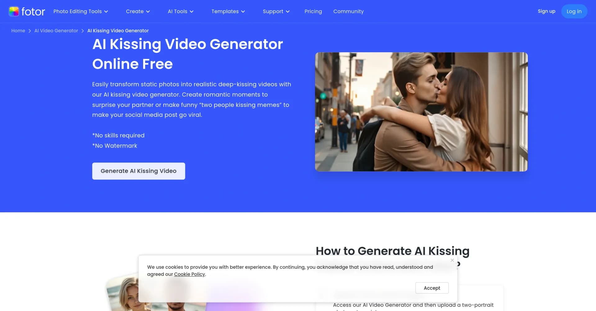 Fotor AI Kiss homepage screenshot — Transform static photos into realistic kissing videos.