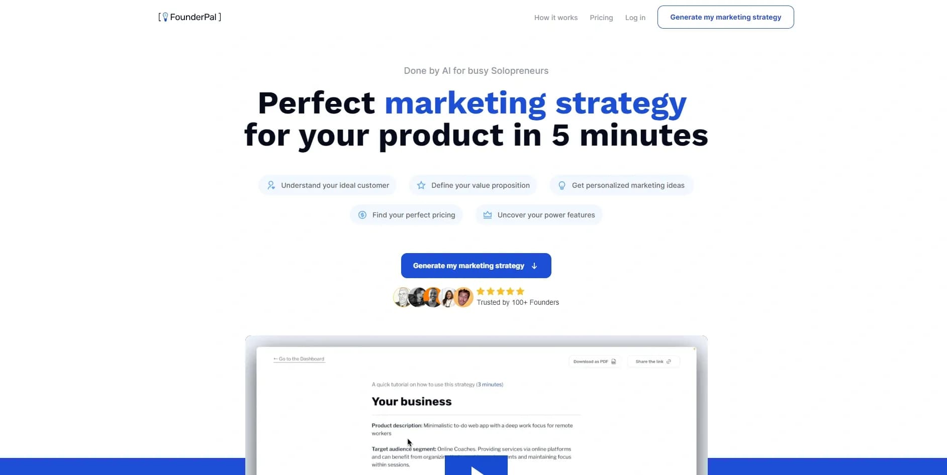 FounderPal homepage screenshot — Generate a perfect marketing strategy in 5 minutes