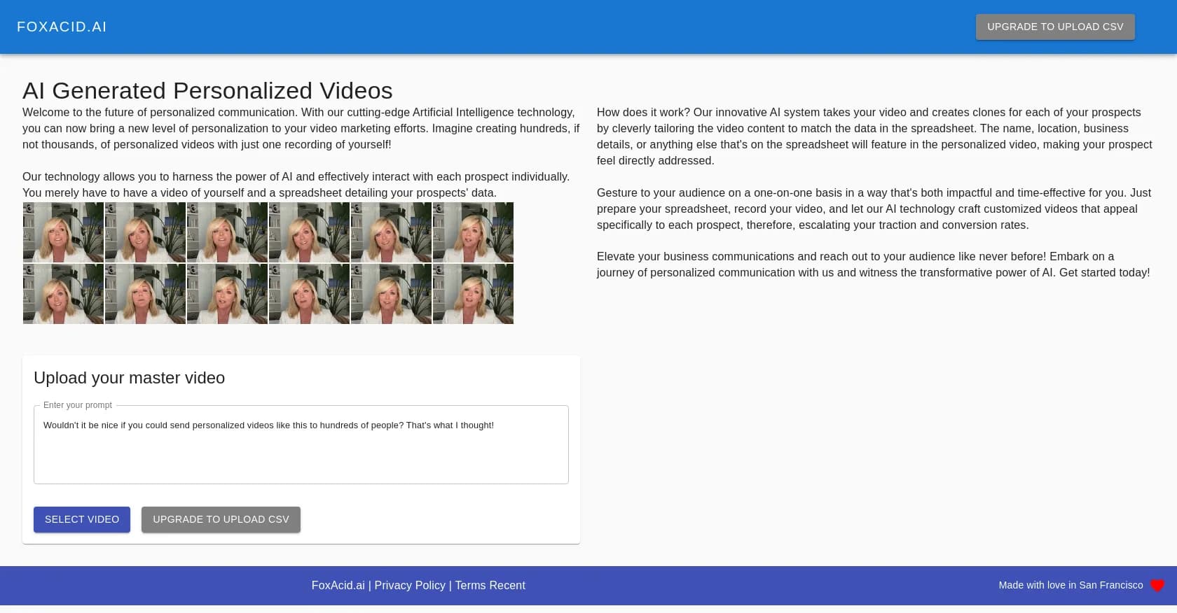 FoxAcid homepage screenshot — Generate thousands of personalized AI videos from one record