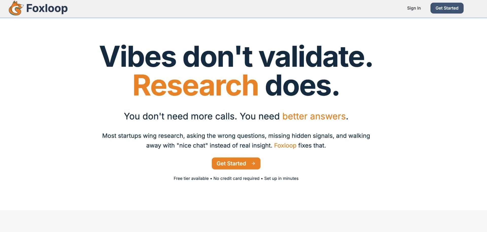 Foxloop homepage screenshot — AI-powered conversations that uncover deep insights fast.