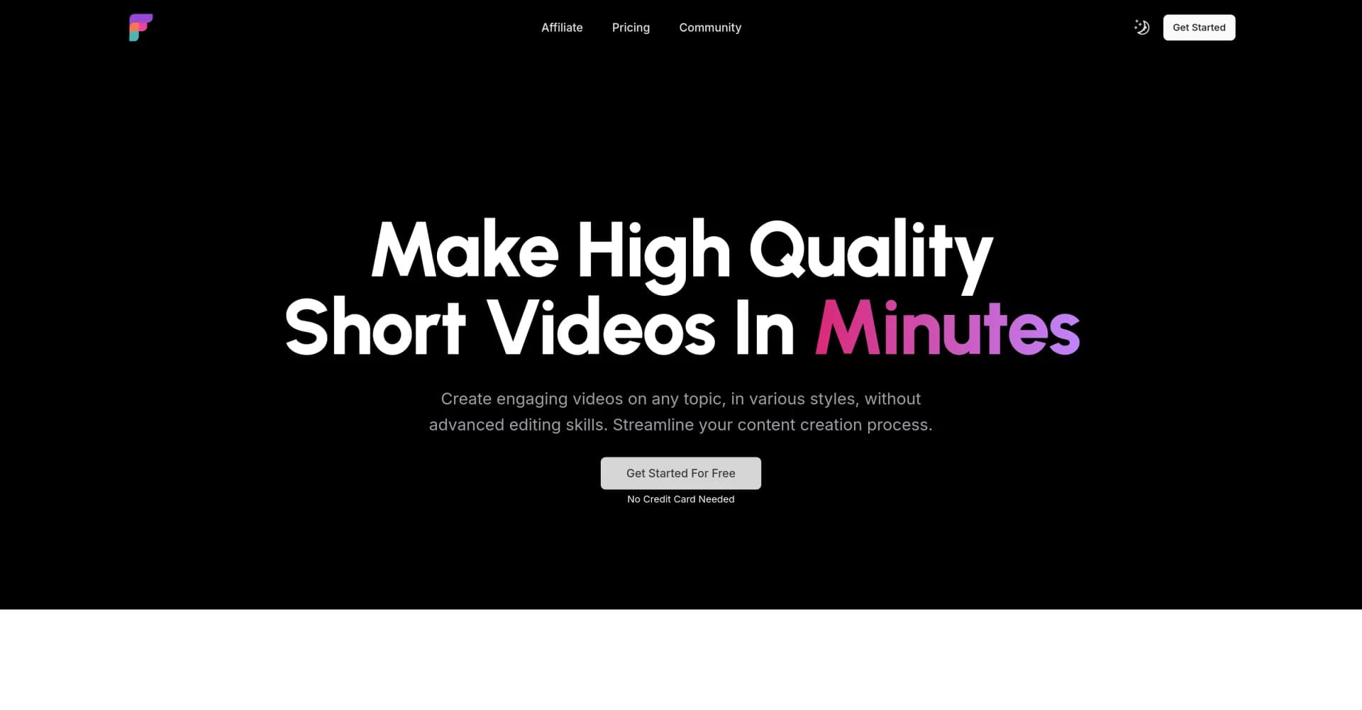 Frameloop homepage screenshot — Make high-quality short videos in minutes