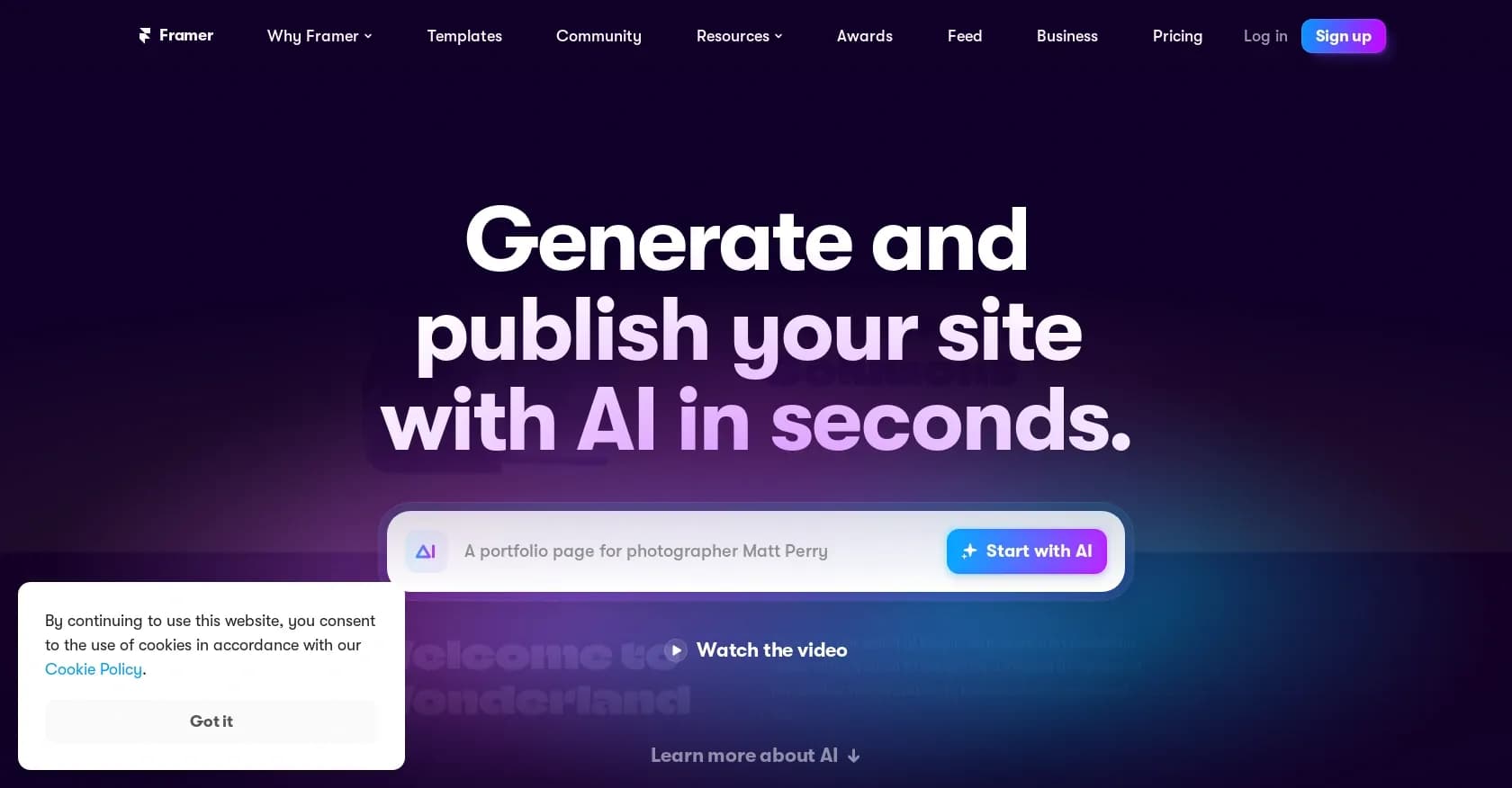 Framer homepage screenshot — Generate and publish your site with AI in seconds.