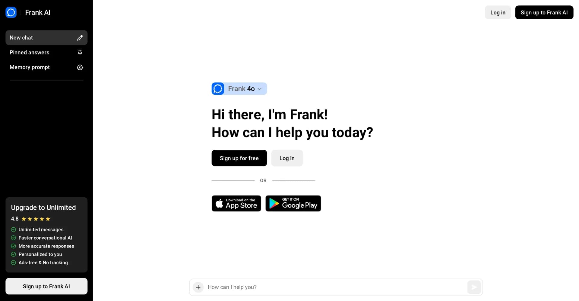 Frank AI homepage screenshot — AI-powered writing assistant for essays, emails, and scripts