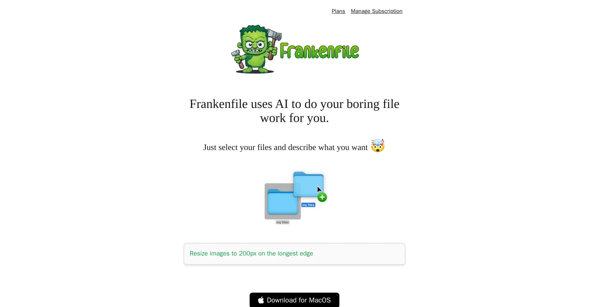 Frankenfile homepage screenshot — AI-powered file manager for automatic task completion.